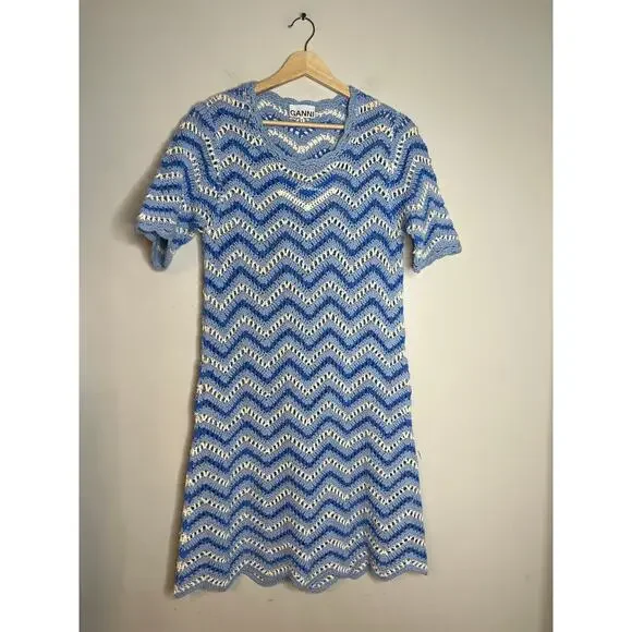 NEW Ganni Cotton Crochet Light Blue and White Short Sleeve Mini Dress Sz: Medium